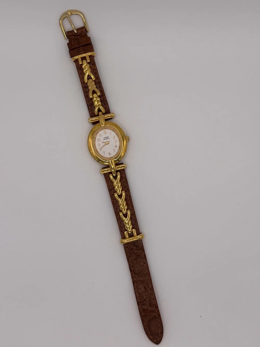 Anne Klein Gold Tone Case Brown Leather Strap Women's Watch